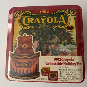 1992 Crayola Crayon collectible holiday tin, crayons and ornament